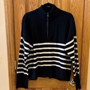 DKNY Black and White Striped 1/4 Zip Turtleneck Sweater